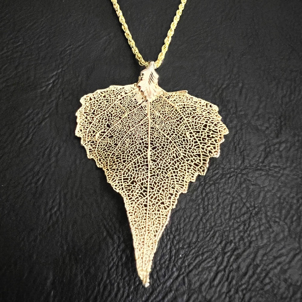 Gold Tone Real Leaf Dipped Pendant Long 29" Rope Chain Necklace Cottagecore